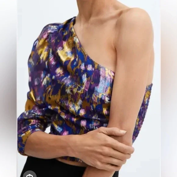 Mango One-Shoulder Fitted Blue, Purple and Gold Party Blouse - Picture 2 of 11